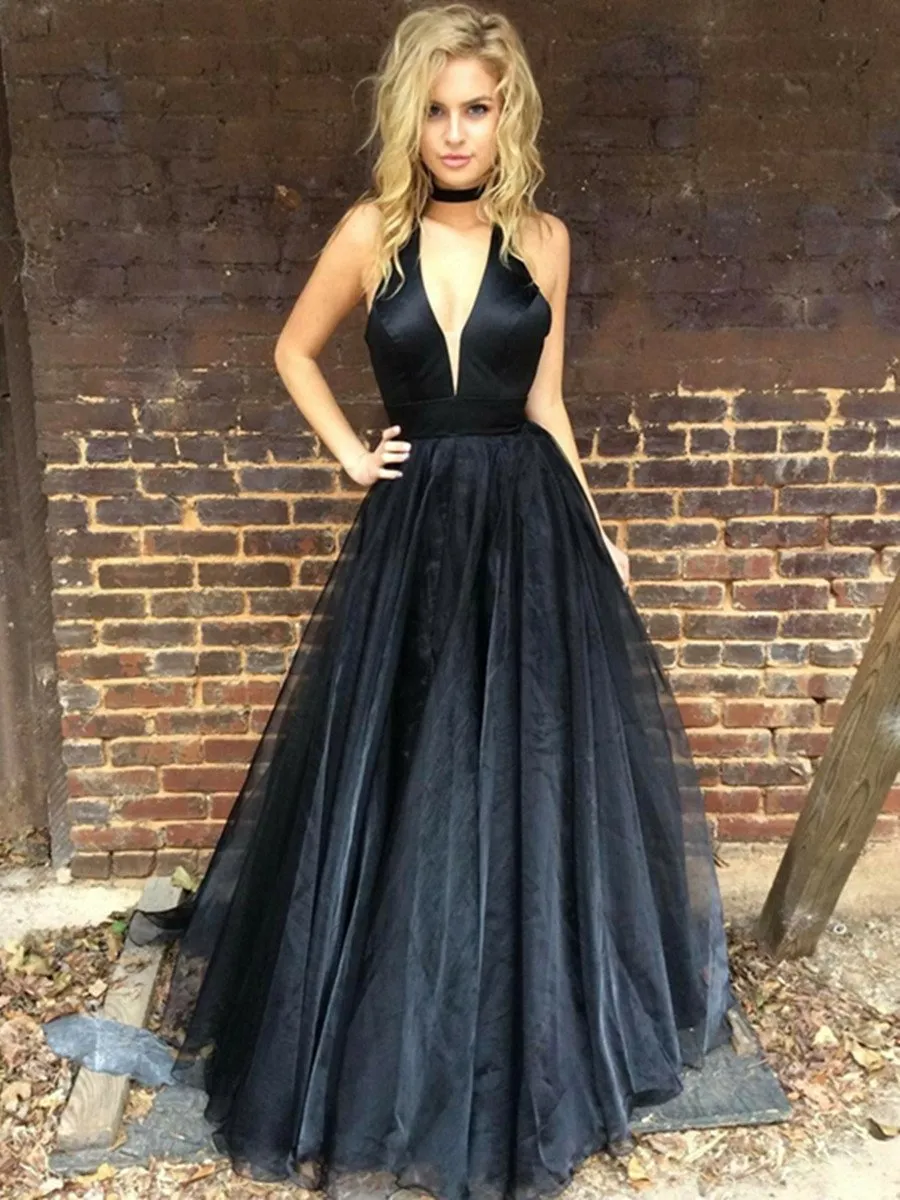 A Line Deep V Neck Black Prom Dress with Train, Black V Neck Graduation Dress, Formal Dress