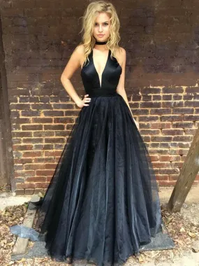 A Line Deep V Neck Black Prom Dress with Train, Black V Neck Graduation Dress, Formal Dress