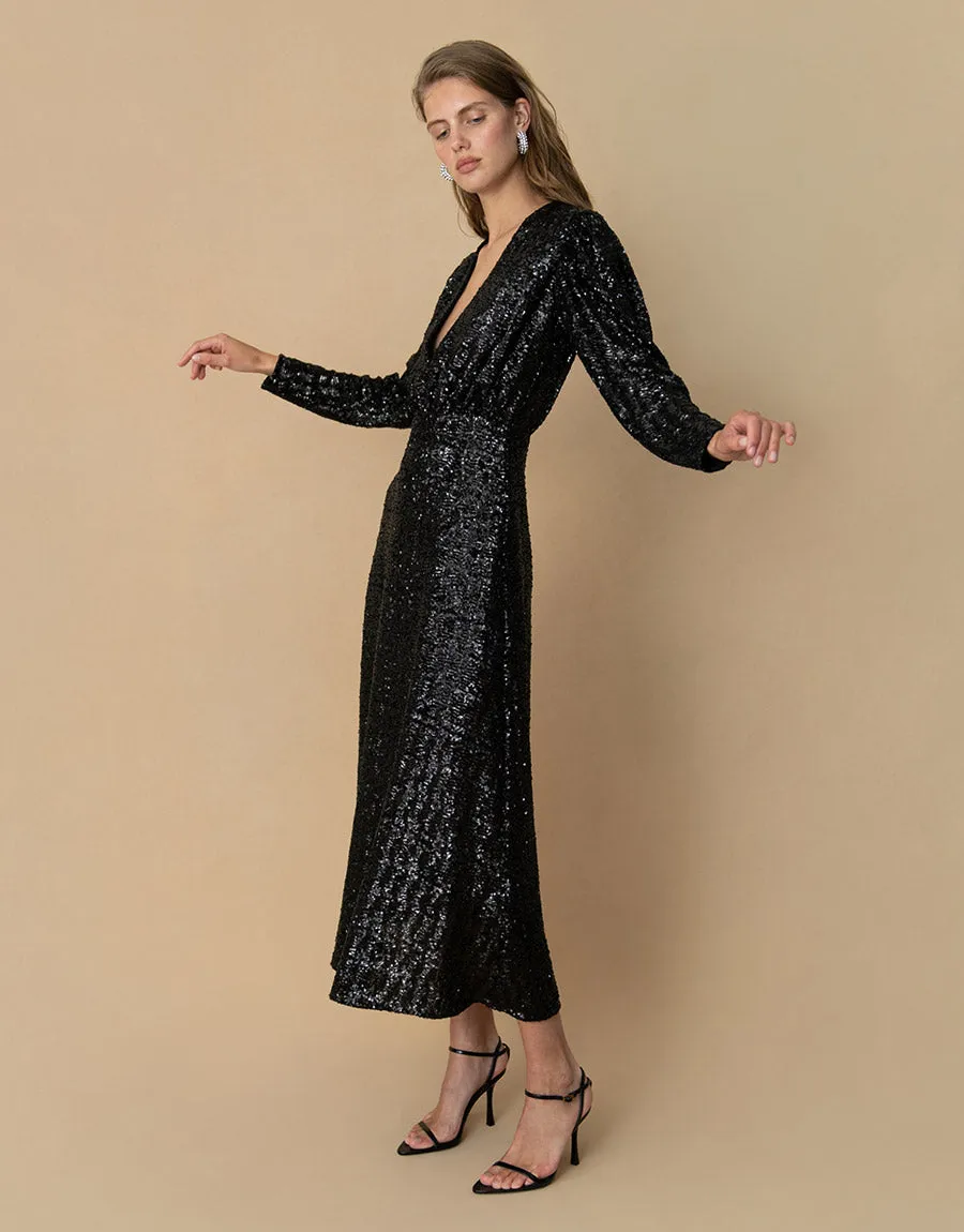 Bernadette Sequin Midi Dress - Black - SALE