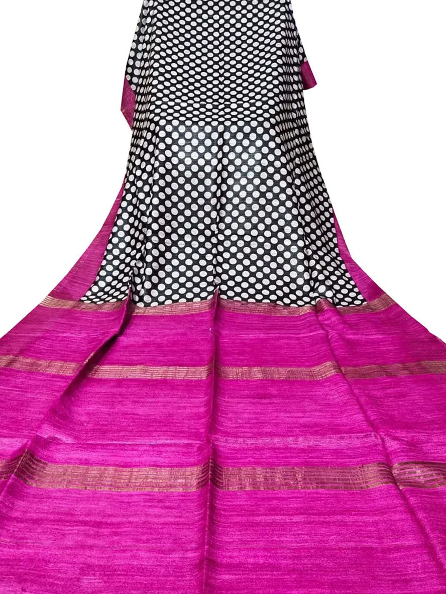 Black And White Block Printed Pure Tussar Ghicha Silk Saree