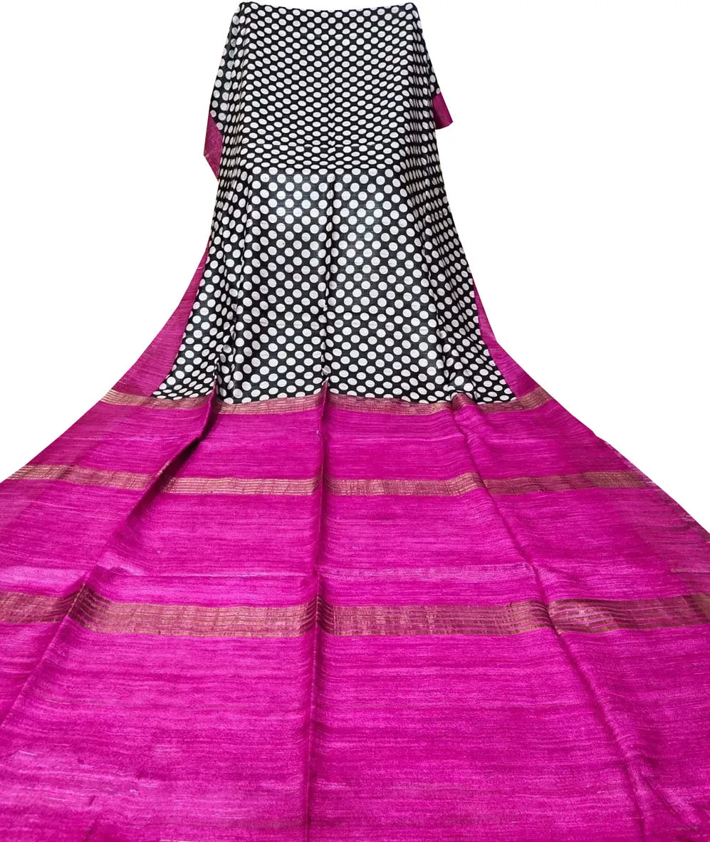 Black And White Block Printed Pure Tussar Ghicha Silk Saree