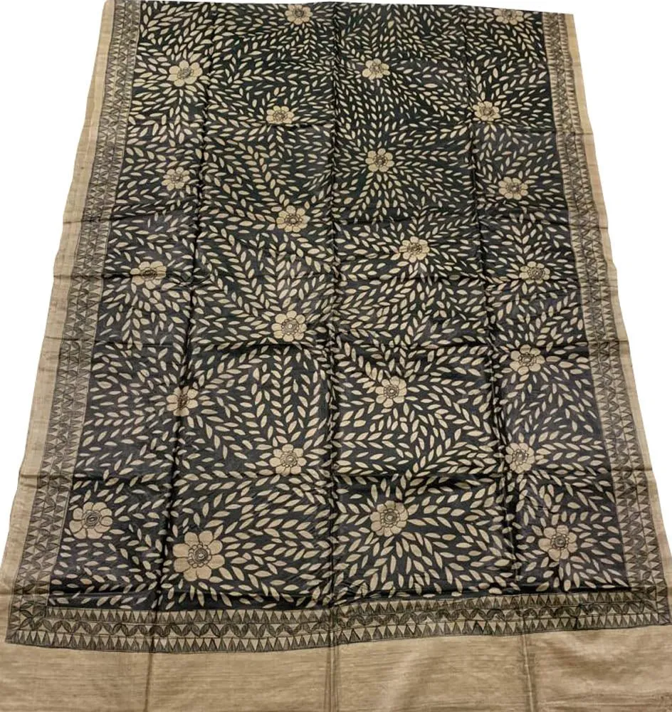 Black Hand Painted Madhubani Tussar Silk Saree