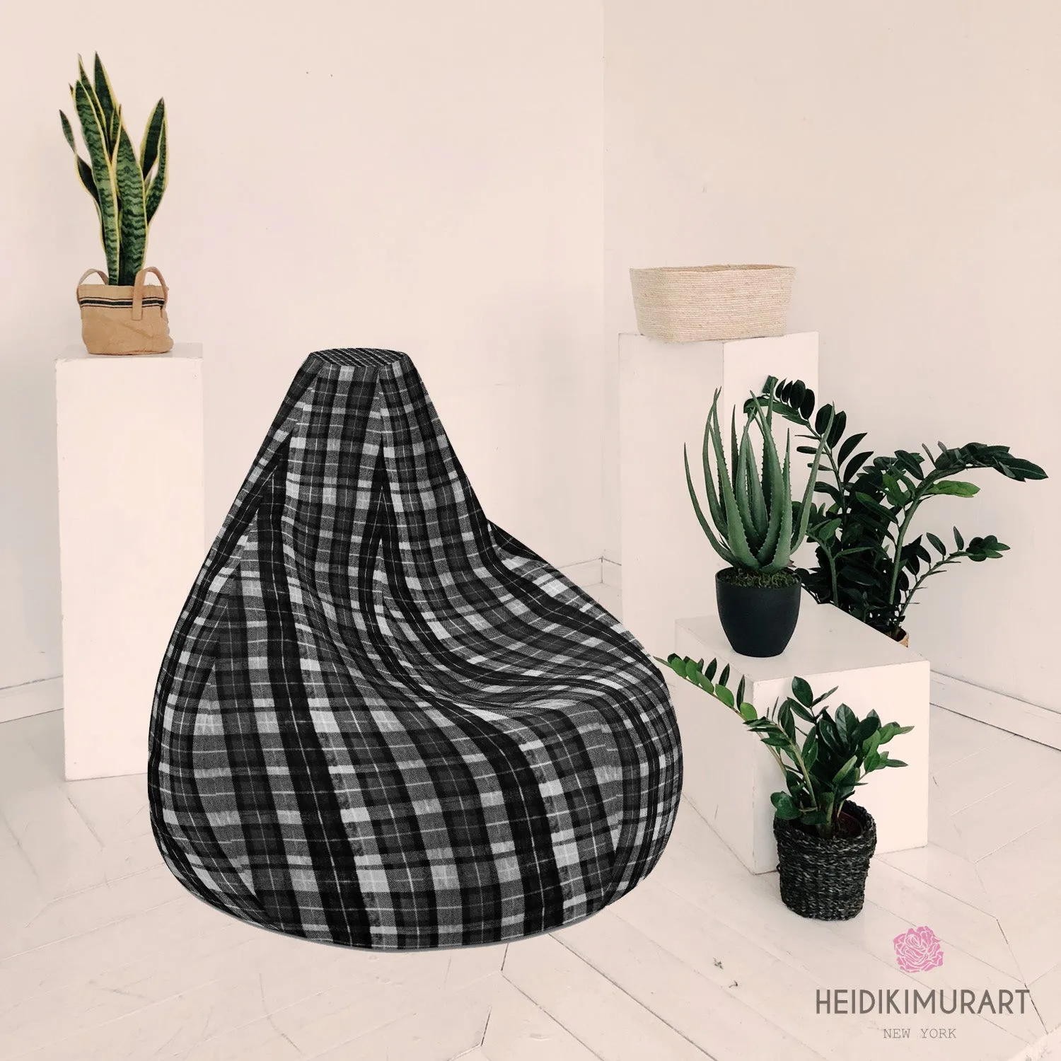 Black White Plaid Bean Bag, Tartan Print Water Resistant Polyester Sofa Bag - Made in EU