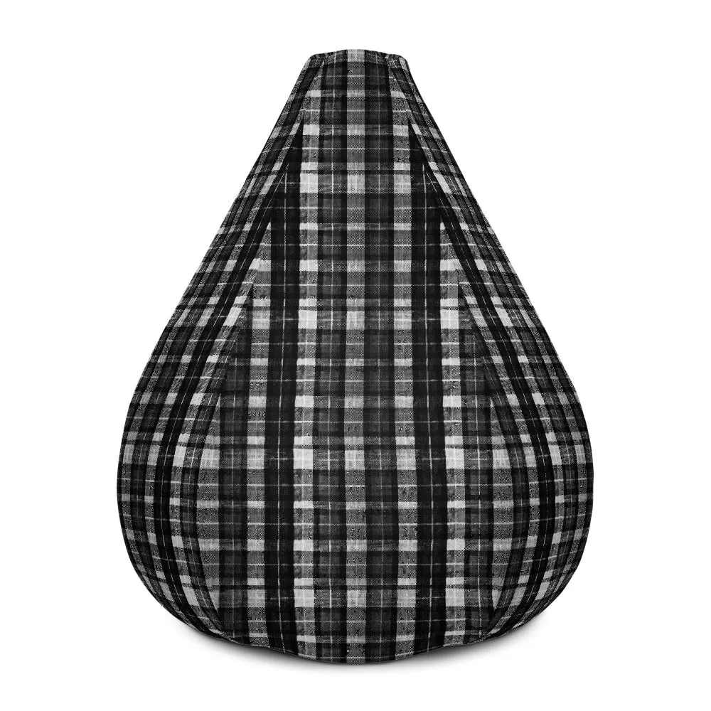 Black White Plaid Bean Bag, Tartan Print Water Resistant Polyester Sofa Bag - Made in EU