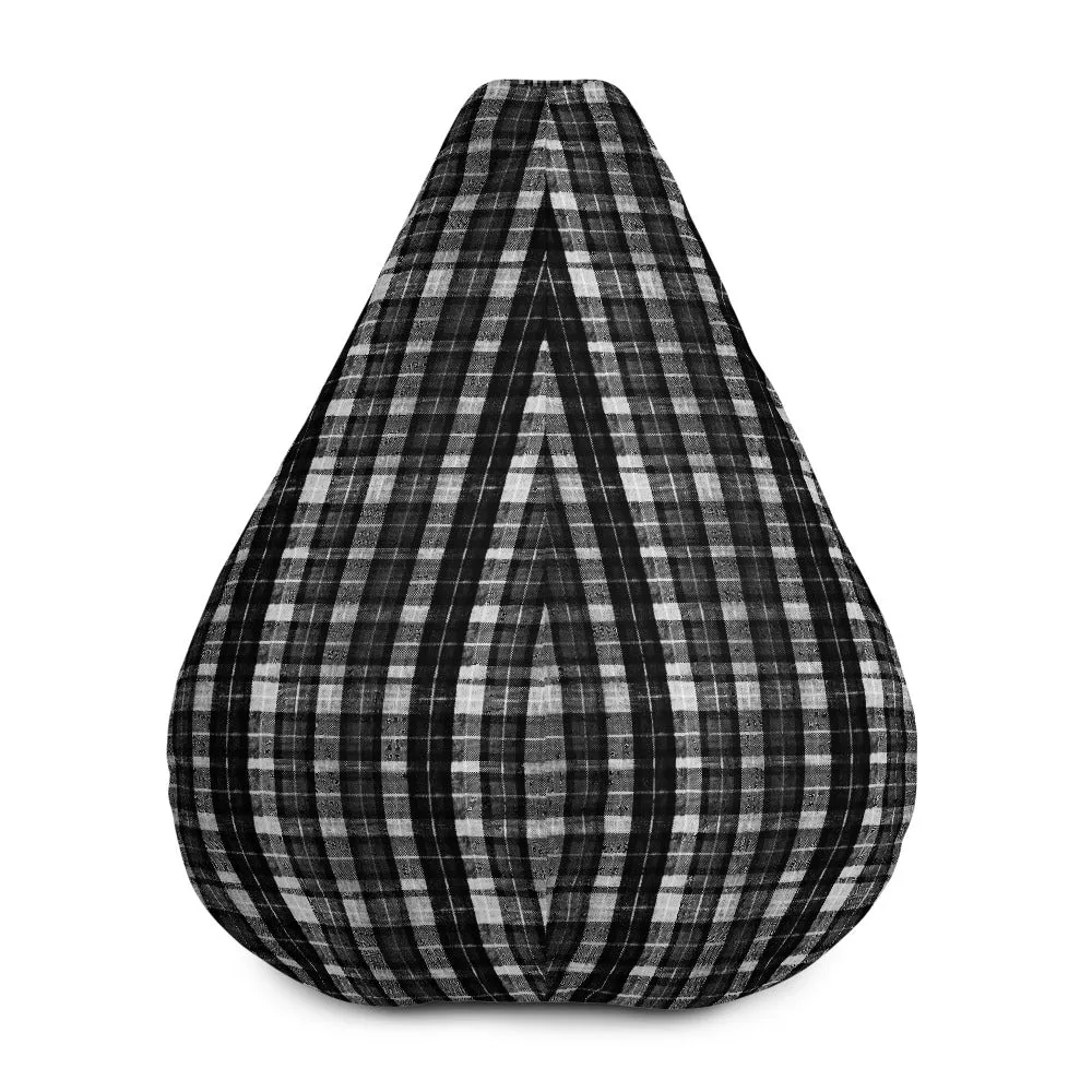 Black White Plaid Bean Bag, Tartan Print Water Resistant Polyester Sofa Bag - Made in EU