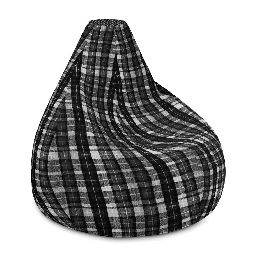 Black White Plaid Bean Bag, Tartan Print Water Resistant Polyester Sofa Bag - Made in EU