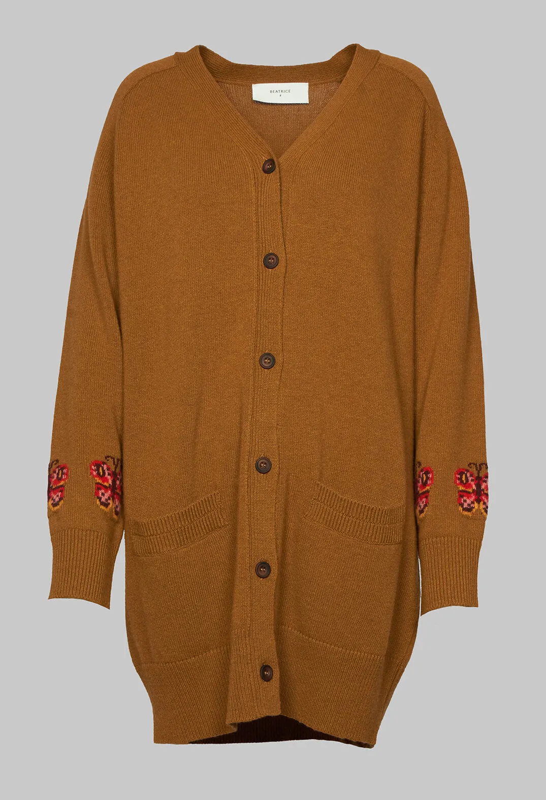 Blended Cashmere Cardigan with Embroidery Detail in Brown