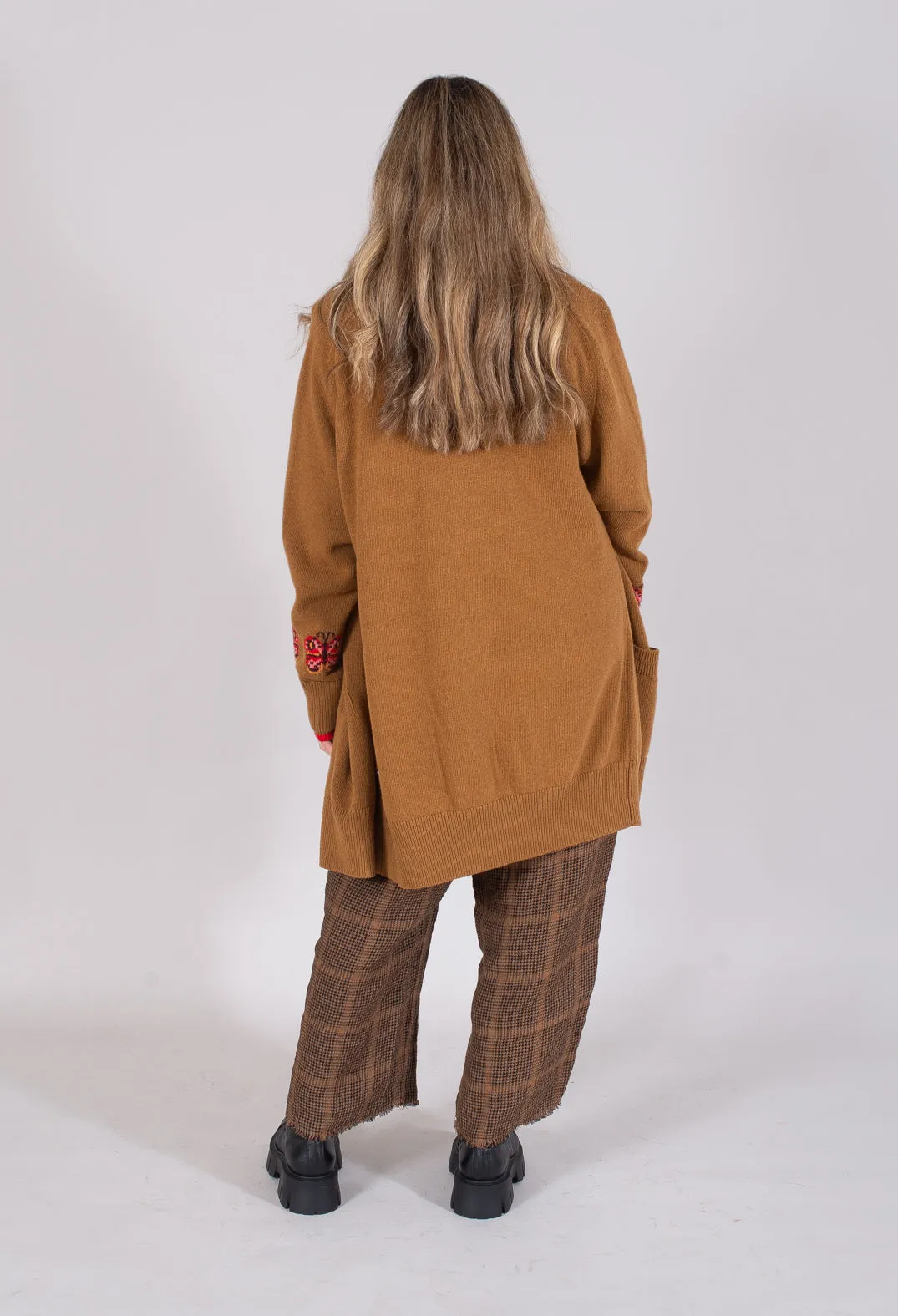 Blended Cashmere Cardigan with Embroidery Detail in Brown