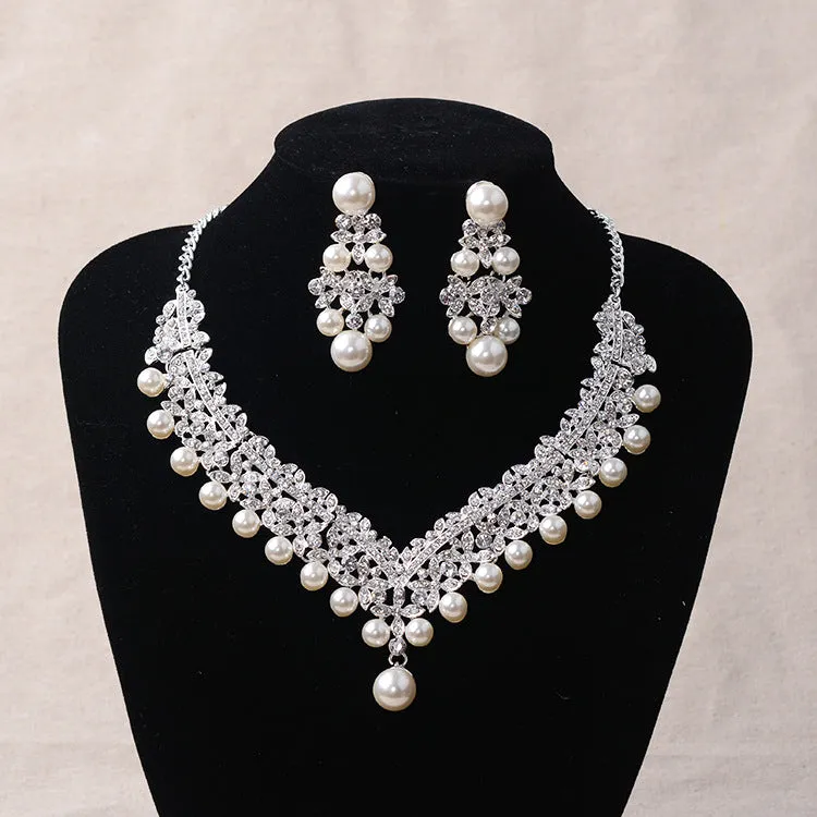 Bride Crystal Pearl Costume jewelery sets Choker Necklace Earrings