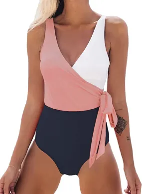 CUPSHE Women's One Piece Swimsuit Wrap Color Block Bathing Suit, Pink/White, L