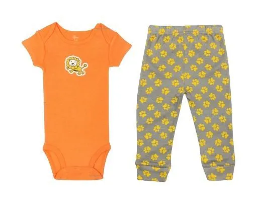 Kaarpas 100% Premium Organic Cotton 2 Piece Lion & Paws Print Bodysuit Onesie & Pant Set Orange With Grey & Yellow (KAON1007) (Certified ORGANIC) - 1 Pc (0 To 3 Months)