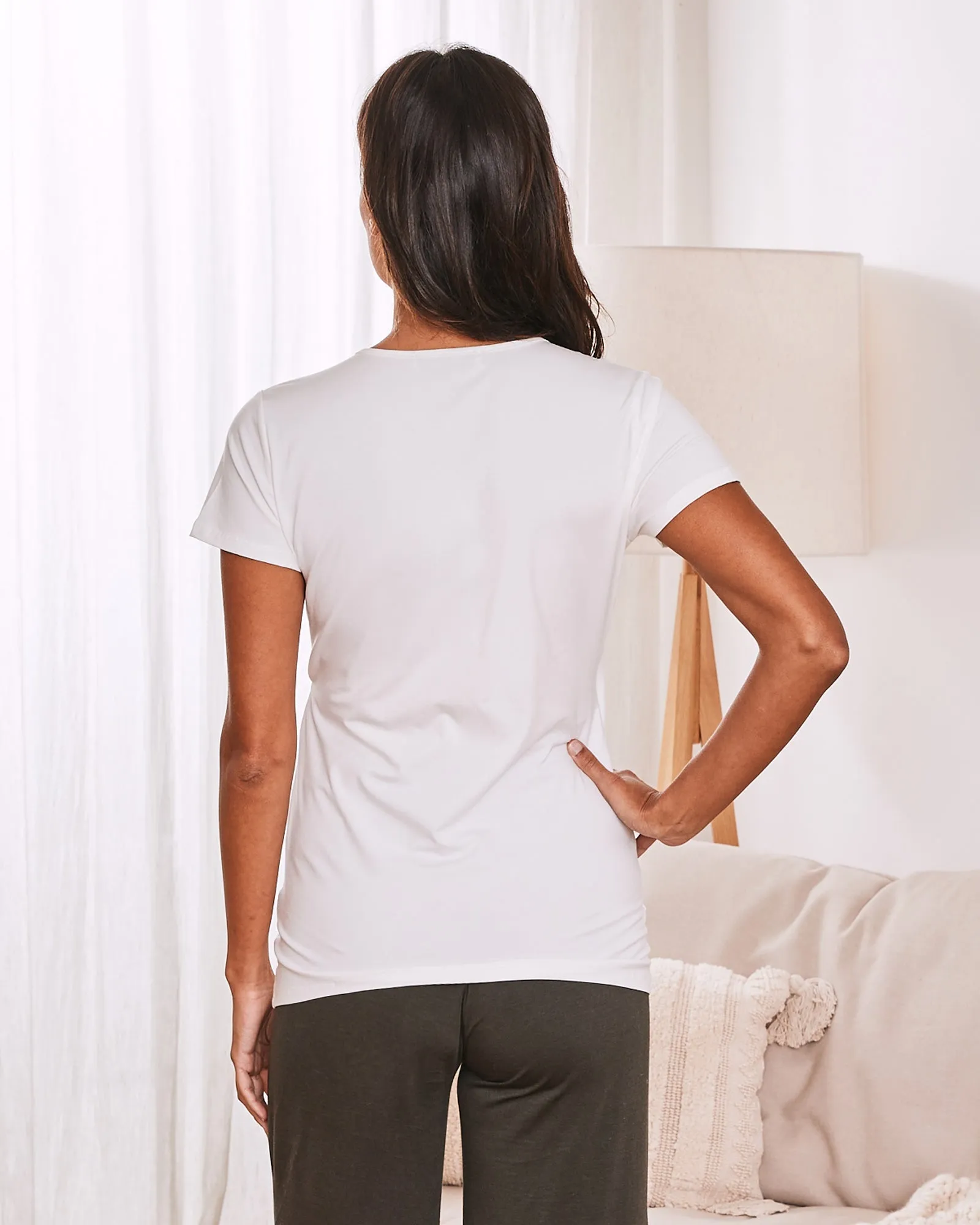 Maternity & Nursing Crossover Short Sleeve Tee in White Bamboo