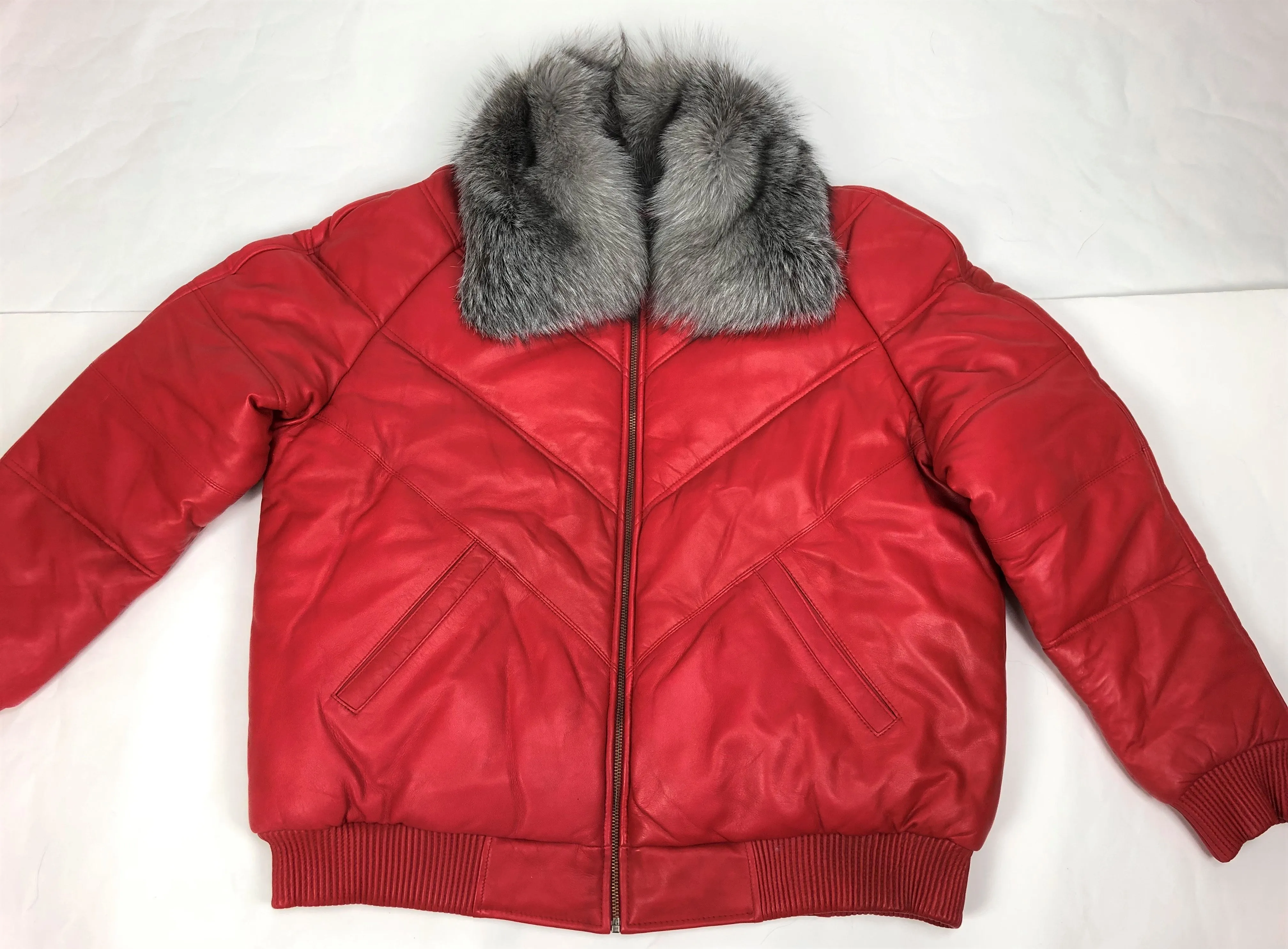 Men's V-Bomber Red Premium Silver Fox Collar