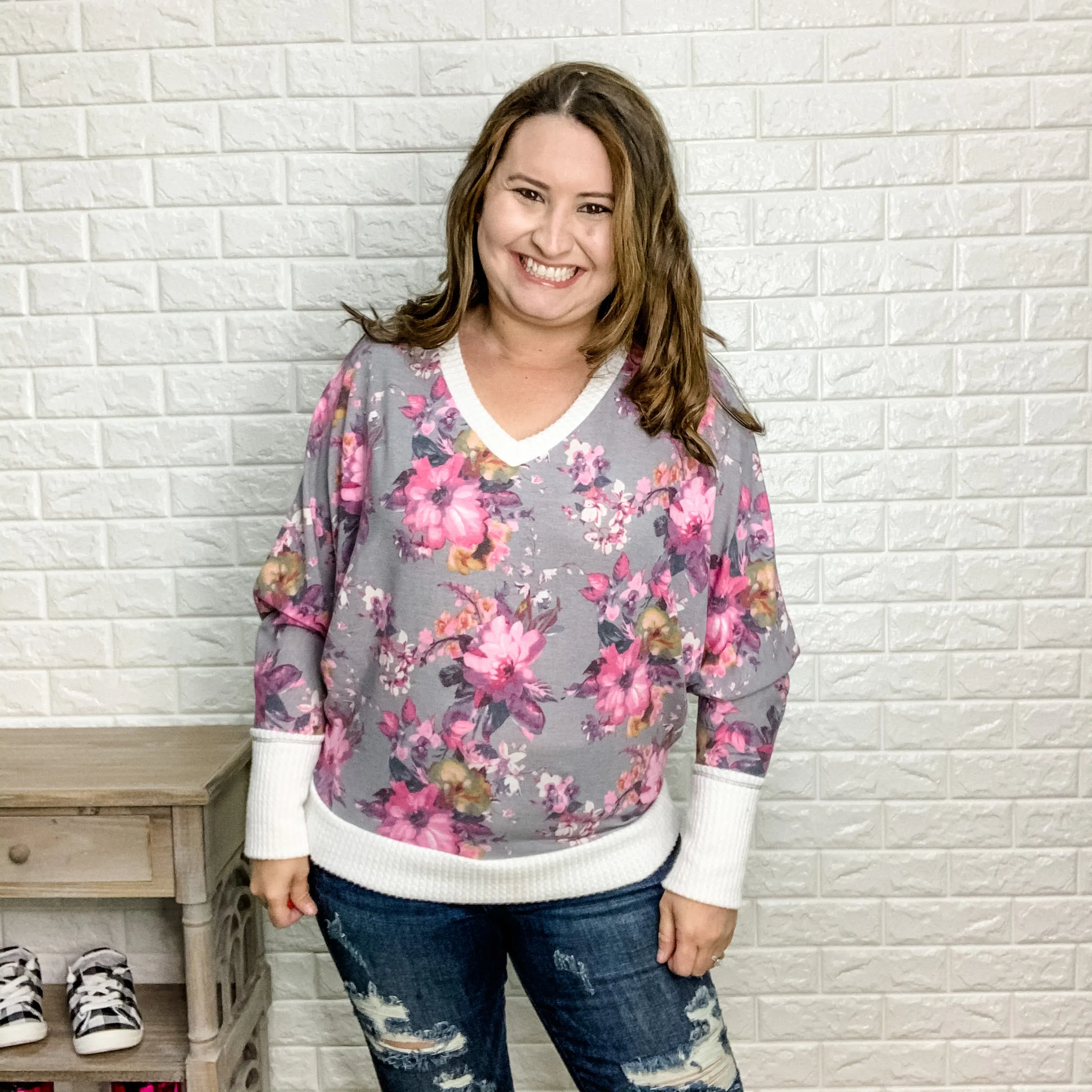 "It's All About The Flowers" Waffle Trim Long Dolman Sleeve Top