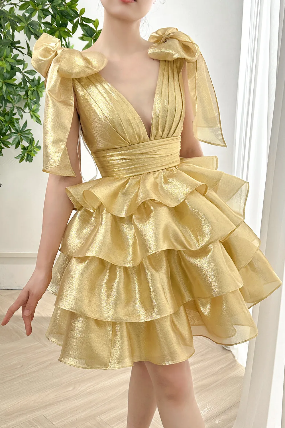 Straps with Bow V Neck Light Gold Tiered Dress