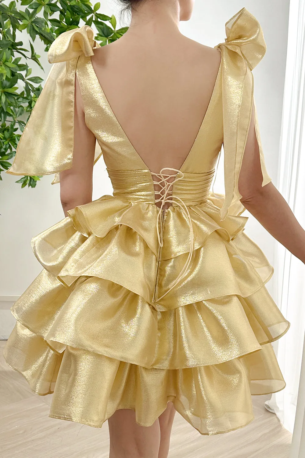 Straps with Bow V Neck Light Gold Tiered Dress