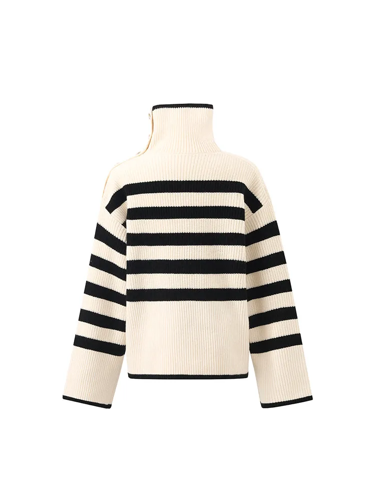 Thermostatic Wool Loose Striped Button-Shoulder Sweater