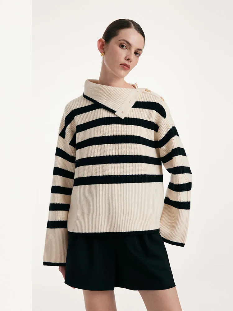 Thermostatic Wool Loose Striped Button-Shoulder Sweater