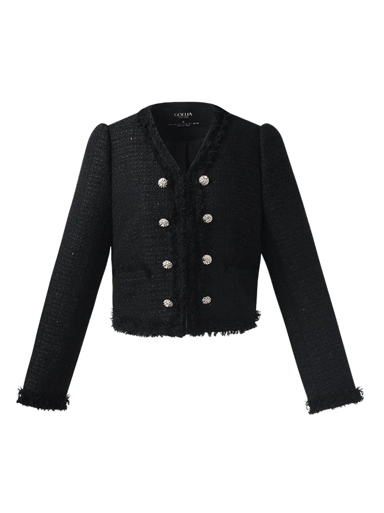 Tweed Fringe V-Neck Women Crop Jacket