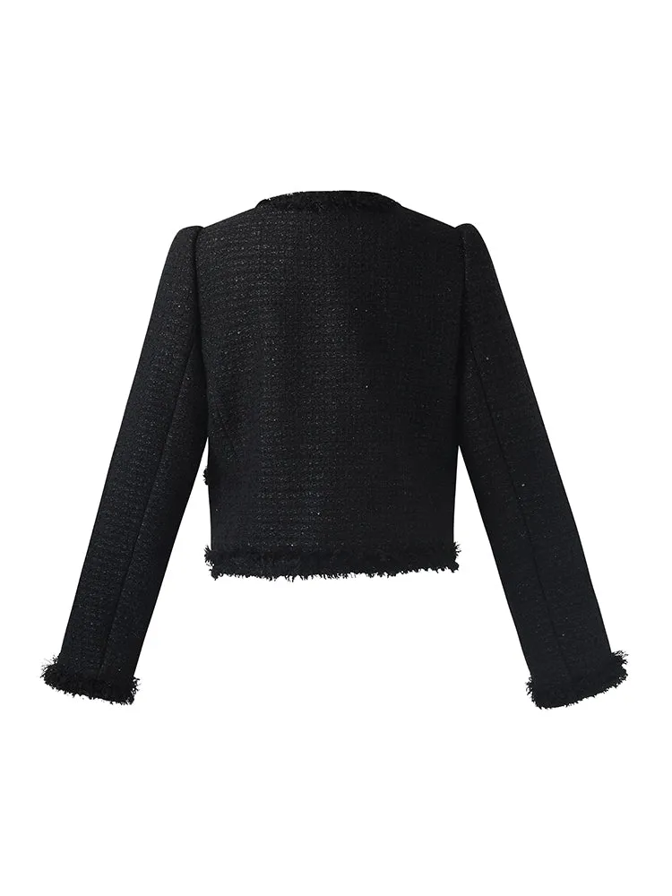 Tweed Fringe V-Neck Women Crop Jacket